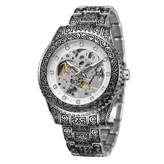Style Mens Fashion Casual Hollow Retro Carved Automatic Mechanical Watch