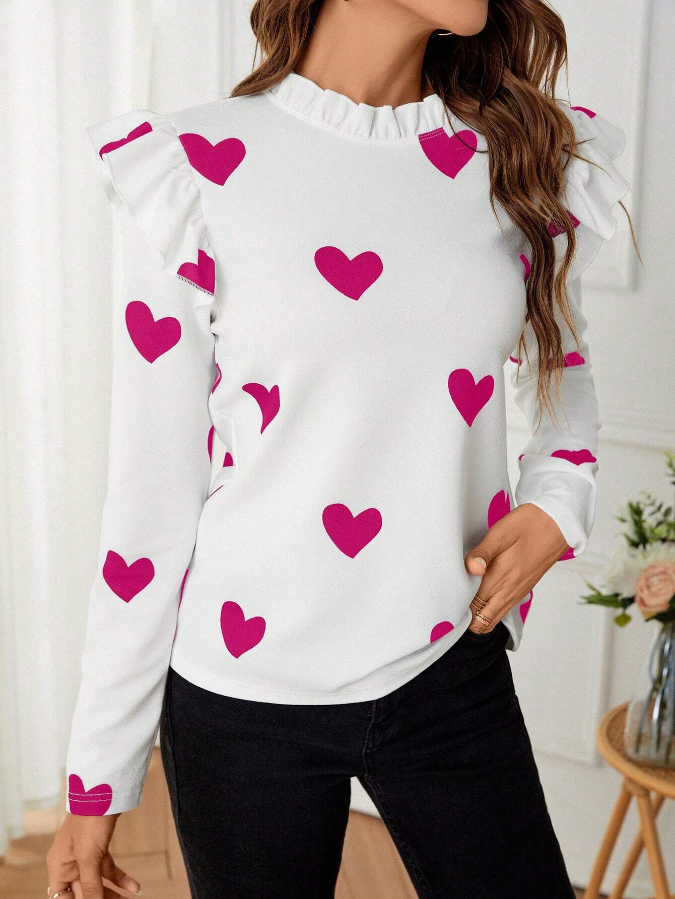 Clasi Women's Love Heart Printed Stand Collar T-Shirt With Lace Decoration - HKE TRADERS LTD - Women Fashion
